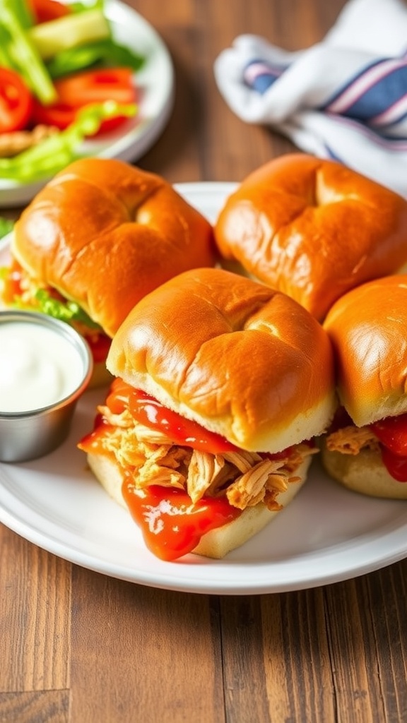 Spicy Buffalo chicken sliders on a plate with lettuce, tomatoes, and ranch dressing.
