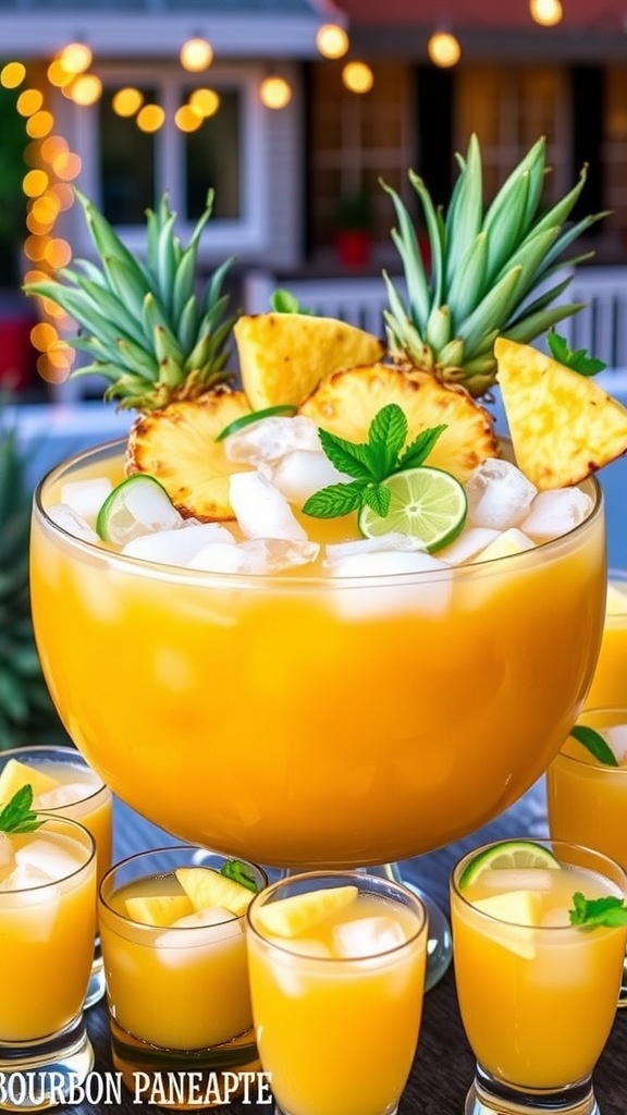 A bowl of bourbon pineapple punch with pineapple and lime garnish, served in glasses with ice, set in a festive outdoor setting.