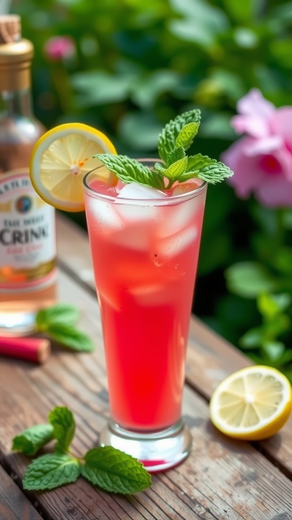 A vibrant pink Rhubarb Gin Cooler cocktail in a glass with mint and lemon garnish on a wooden table.