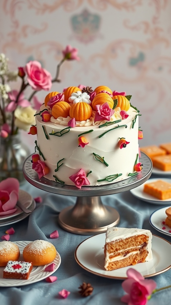 Dessert table with a Simnel cake and various sweet treats.