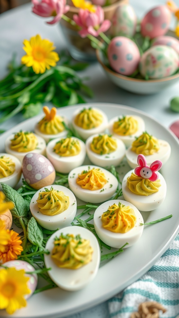 Platter of deviled eggs with avocado topped with herbs and garnishes.