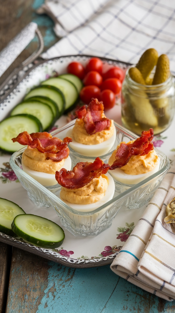 A platter of deviled eggs topped with crispy bacon on a floral dish.