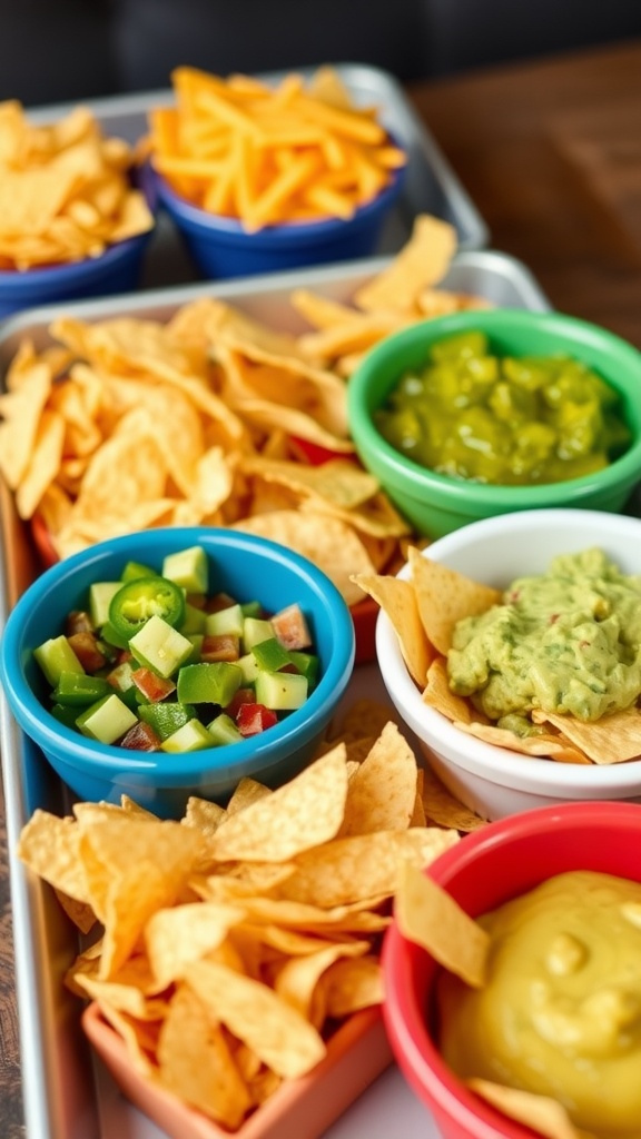 A colorful DIY Nacho Bar with tortilla chips and various toppings in bowls.