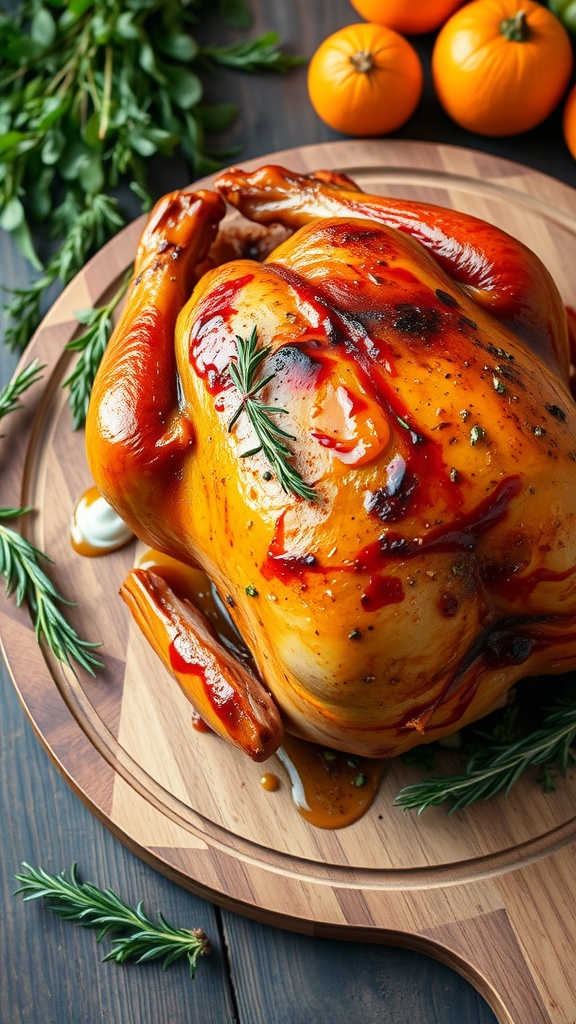 A beautifully roasted dry brined turkey on a wooden platter, garnished with rosemary and surrounded by oranges.