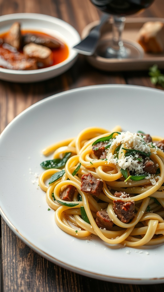 A plate of fettuccine topped with duck and spinach, garnished with herbs, with red wine glasses in the background.