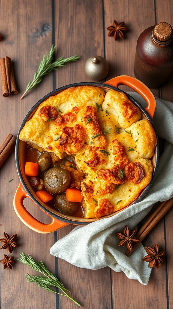 A Duck and Sweet Potato Shepherd's Pie with a golden topping, surrounded by herbs and spices, on a wooden table.