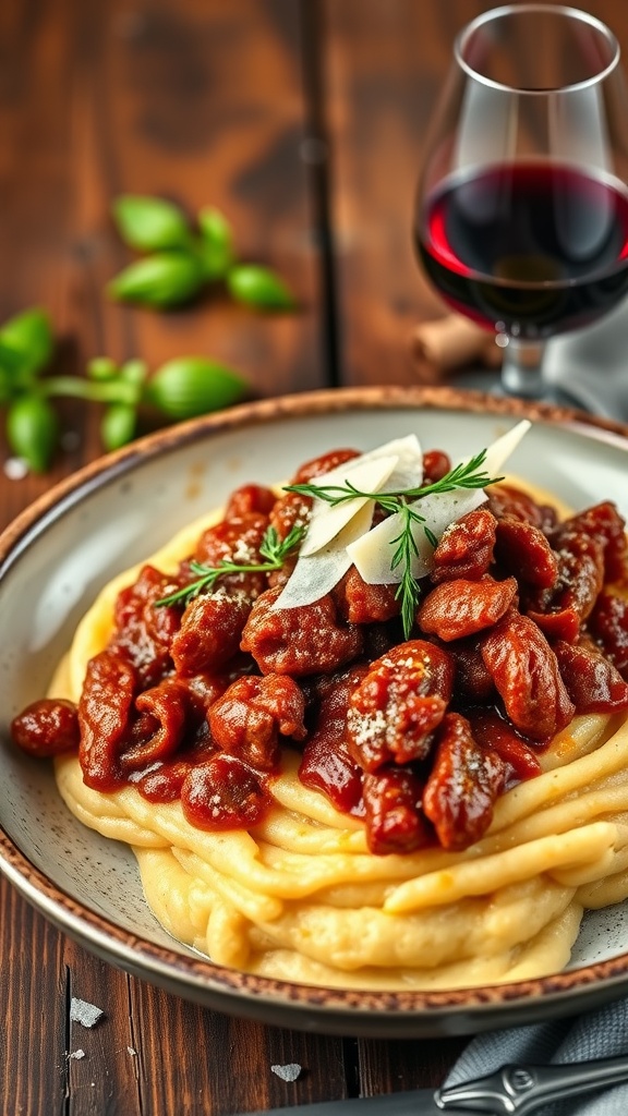 A warm plate of Duck Bolognese served over polenta, garnished with herbs and cheese, accompanied by glasses of red wine.