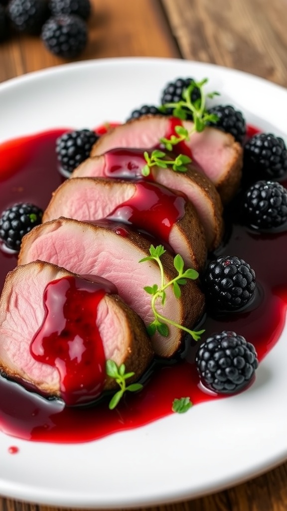 A plate of duck breast slices drizzled with blackberry reduction, garnished with blackberries and herbs.