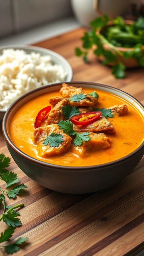 Bowl of duck curry with coconut milk, garnished with red chilies and cilantro, alongside a bowl of rice.