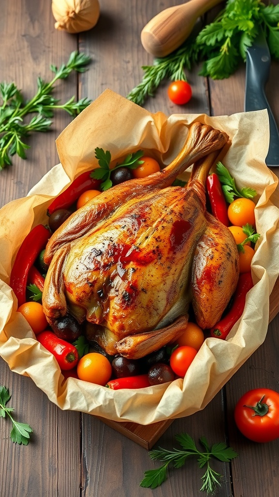 A whole roasted duck with colorful vegetables wrapped in parchment paper