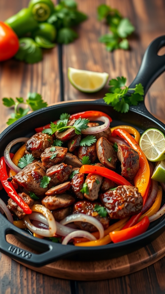 A skillet filled with duck fajitas, peppers, and onions garnished with cilantro