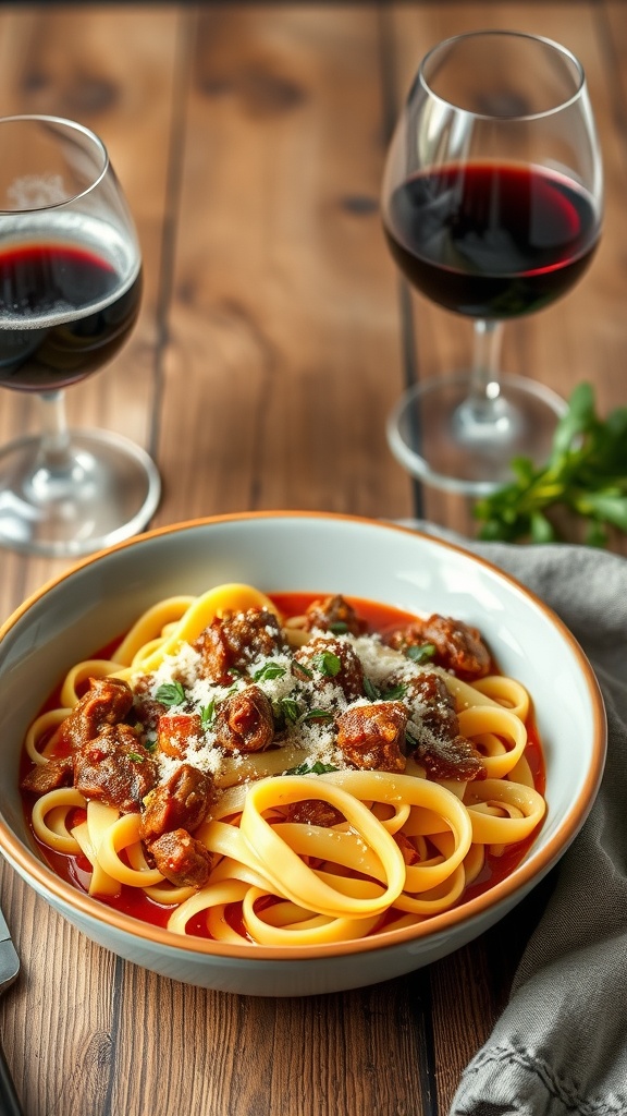 A bowl of duck ragu with pappardelle pasta, topped with grated cheese, served with two glasses of red wine on a rustic wooden table.