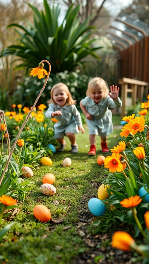 Two children running happily in a garden with colorful eggs and flowers.