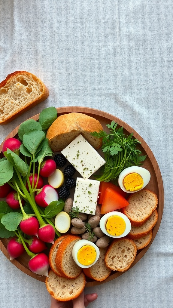 A wooden platter filled with fresh vegetables, cheeses, and hard-boiled eggs, perfect for an Easter themed sharing board.