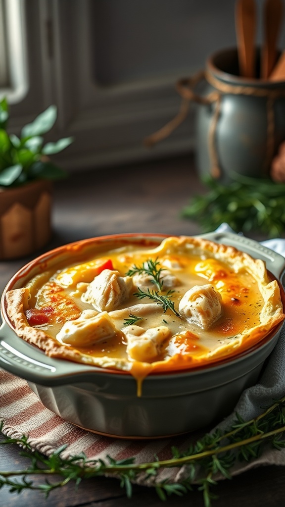 A delicious chicken pot pie casserole with a golden top, served in a baking dish.