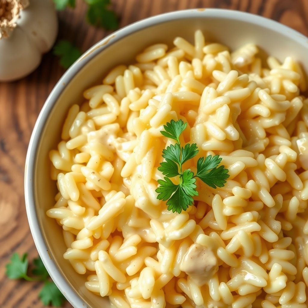Creamy garlic parmesan risotto garnished with parsley in a bowl on a wooden table.