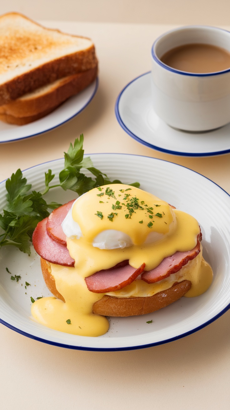 A plate of Eggs Benedict featuring poached eggs on English muffins, ham, and hollandaise sauce, served with a side of salad and berries.