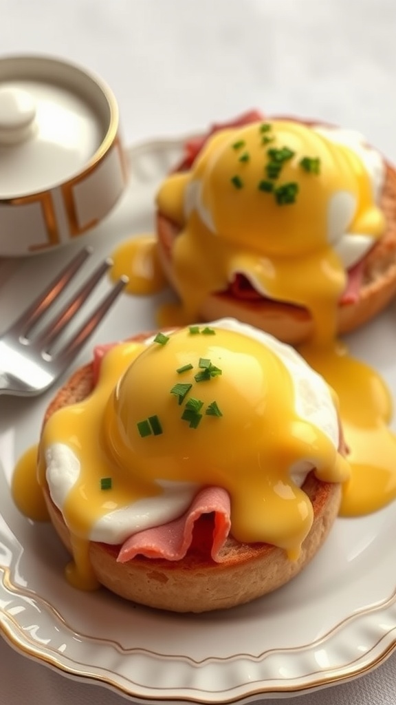 Eggs Benedict topped with hollandaise sauce and chives, served on a plate with a fork.