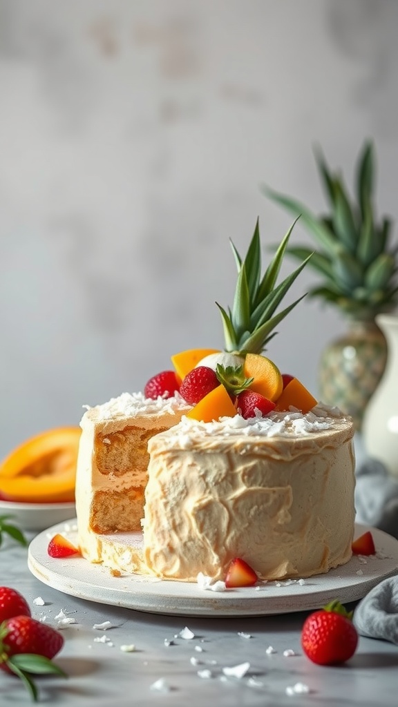 A beautifully decorated mango coconut chiffon cake with fresh fruits on top.