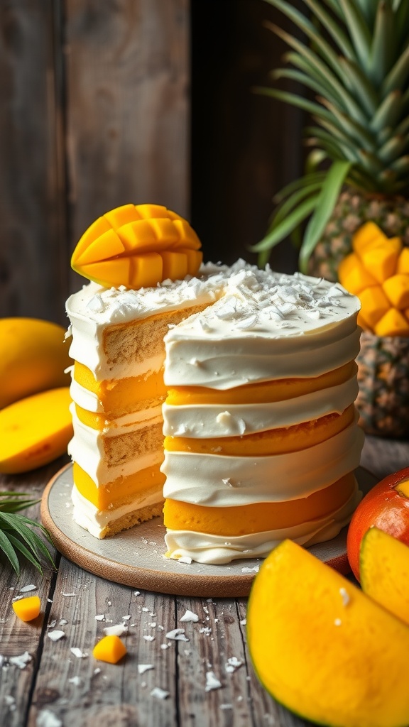 Exotic Mango Coconut Chiffon Cake with mango slices and coconut flakes