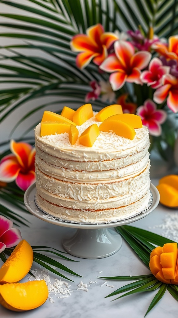 A tropical-themed mango coconut chiffon cake decorated with fresh mango slices and surrounded by tropical flowers.
