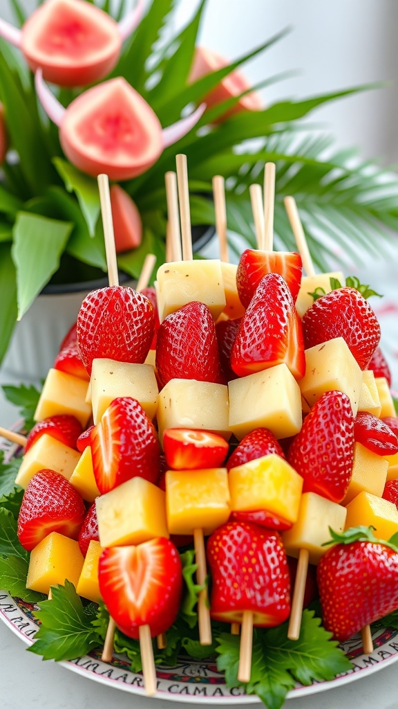 Colorful fruit skewers with strawberries and melons on a platter