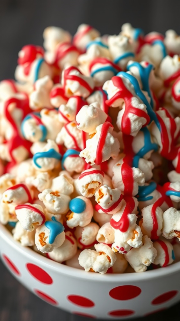 A bowl of Firecracker Popcorn with red and blue drizzles.