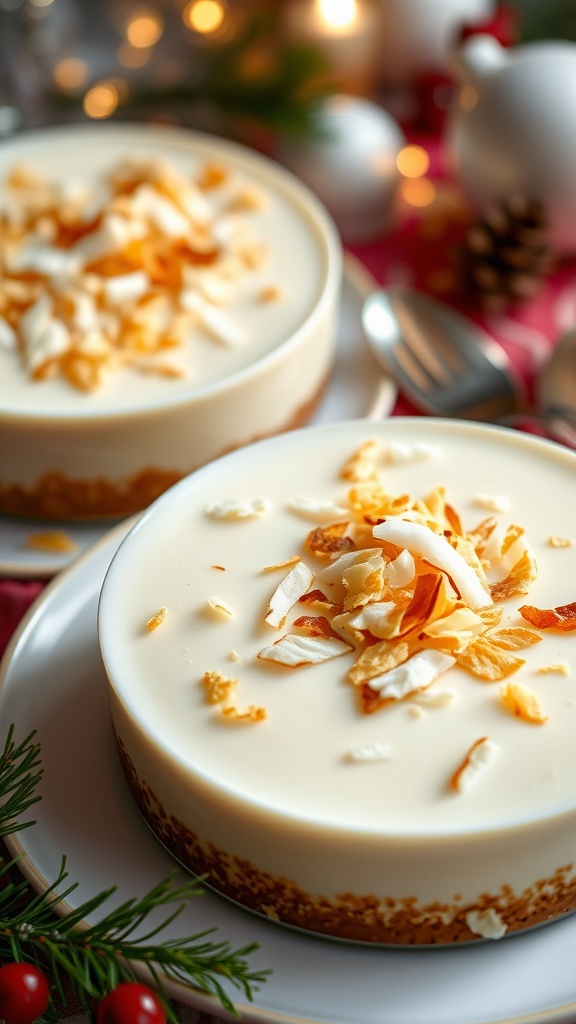 A creamy flan topped with toasted coconut flakes, placed on a festive table with holiday decorations.