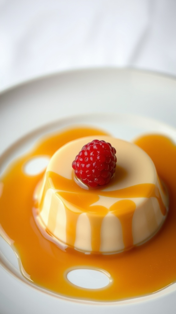 A creamy flan topped with caramel sauce and a raspberry on a white plate.