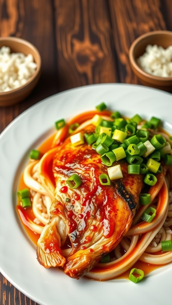 Szechuan sea bass fillets garnished with green onions, served with rice on a rustic table.