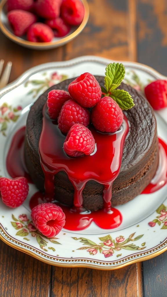 A flourless chocolate cake topped with fresh raspberries and raspberry sauce on a floral plate.