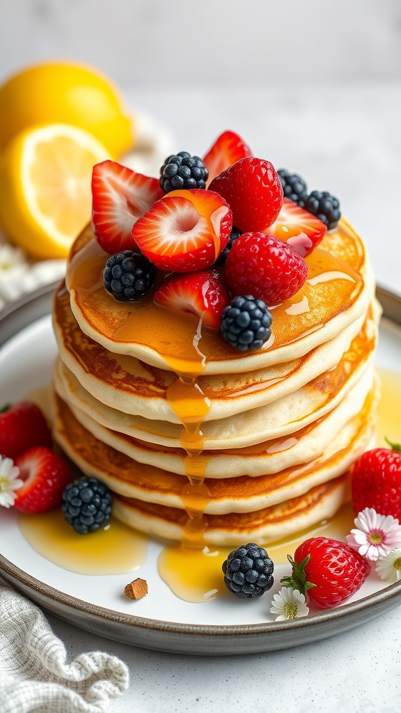 A stack of fluffy lemon ricotta pancakes topped with fresh berries and syrup.
