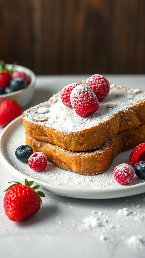 A plate of French toast bake topped with raspberries and blueberries, dusted with powdered sugar.