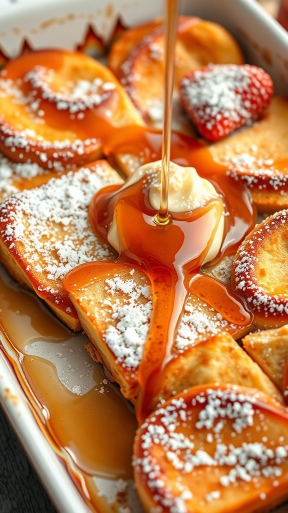 French Toast Casserole drizzled with maple syrup and garnished with powdered sugar and strawberries