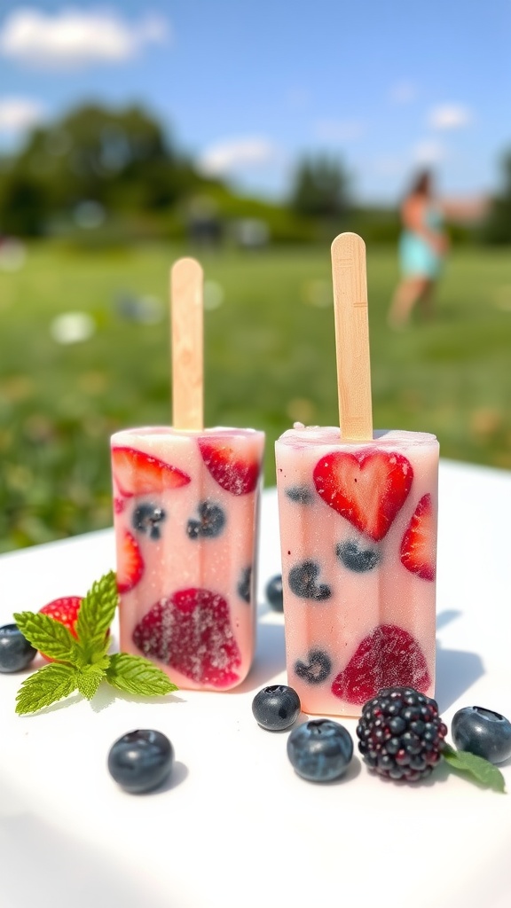 Two frozen berry popsicles with strawberries and blueberries against a sunny outdoor background