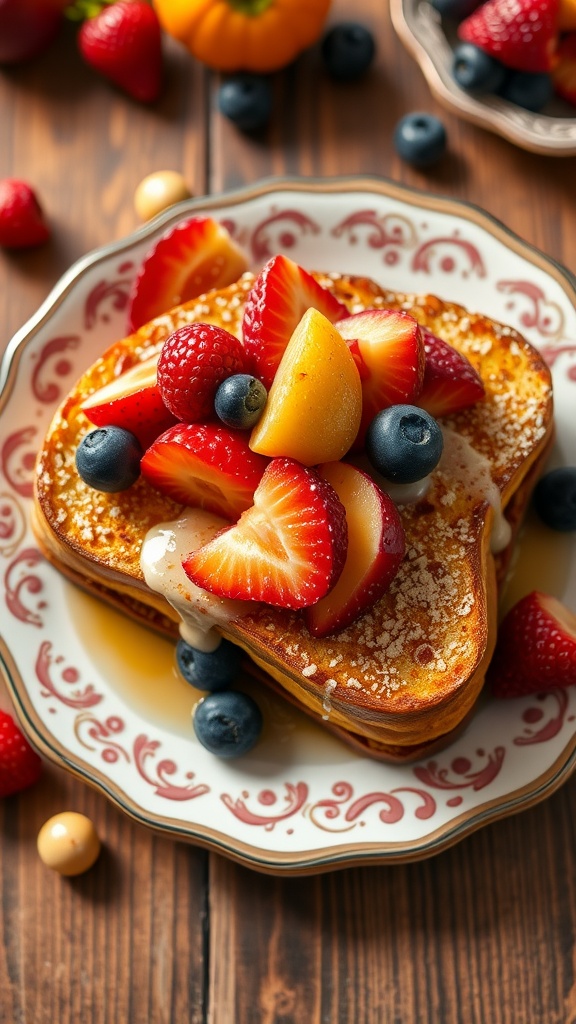 A plate of Fruit-Filled Tres Leches French Toast topped with strawberries, blueberries, and peaches.
