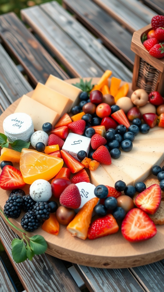 A vibrant fruit and cheese platter featuring various fruits and cheeses on a wooden board.