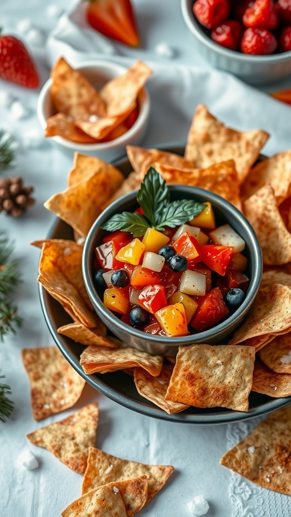 A bowl of colorful fruit salsa surrounded by crispy cinnamon chips on a festive table.