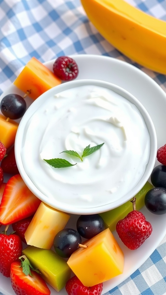 A plate of fruit skewers with a yogurt dip, including strawberries, grapes, and melon.