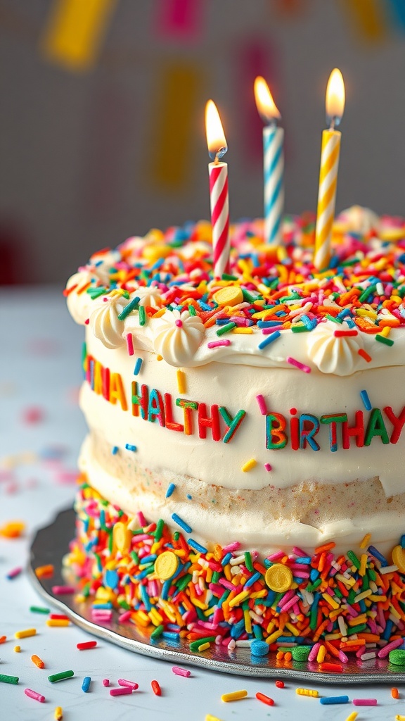 A colorful Funfetti Celebration Cake with sprinkles and candles