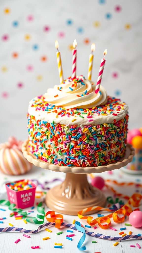 A colorful Funfetti Celebration Cake with sprinkles and candles on top, surrounded by festive decorations.