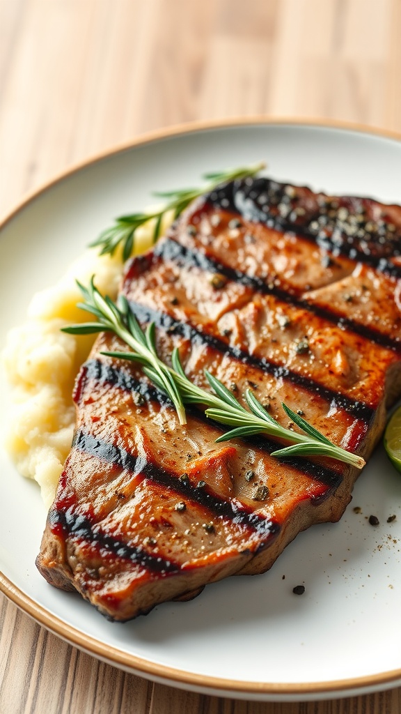 Grilled sirloin steak with rosemary on a plate, served with mashed potatoes.