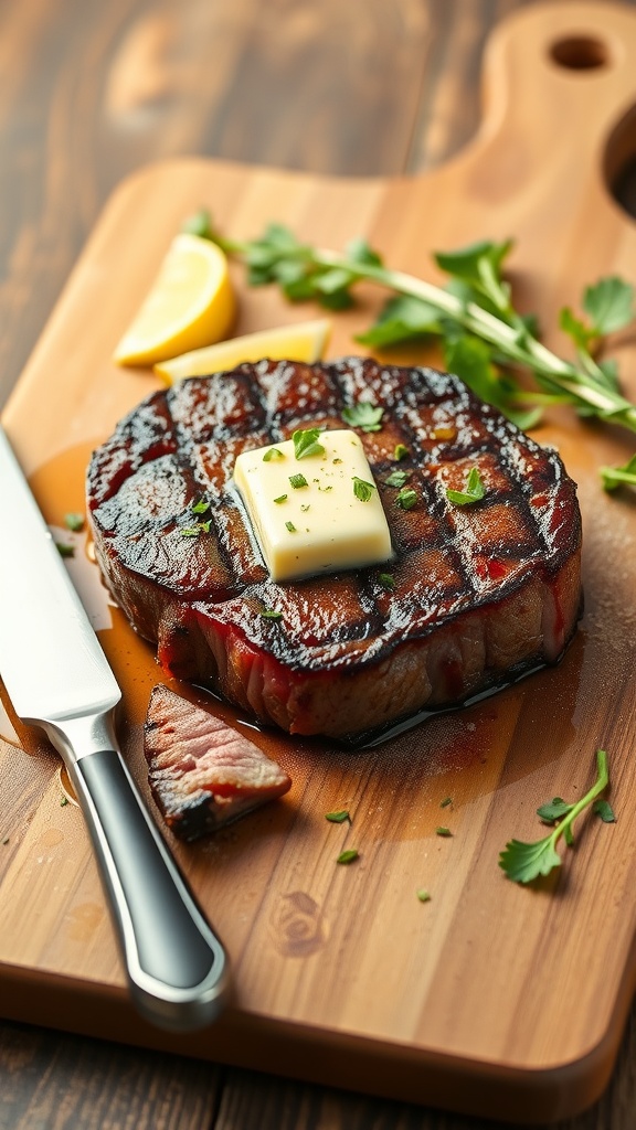 A grilled steak topped with garlic butter, surrounded by fresh herbs and lemon on a wooden cutting board.