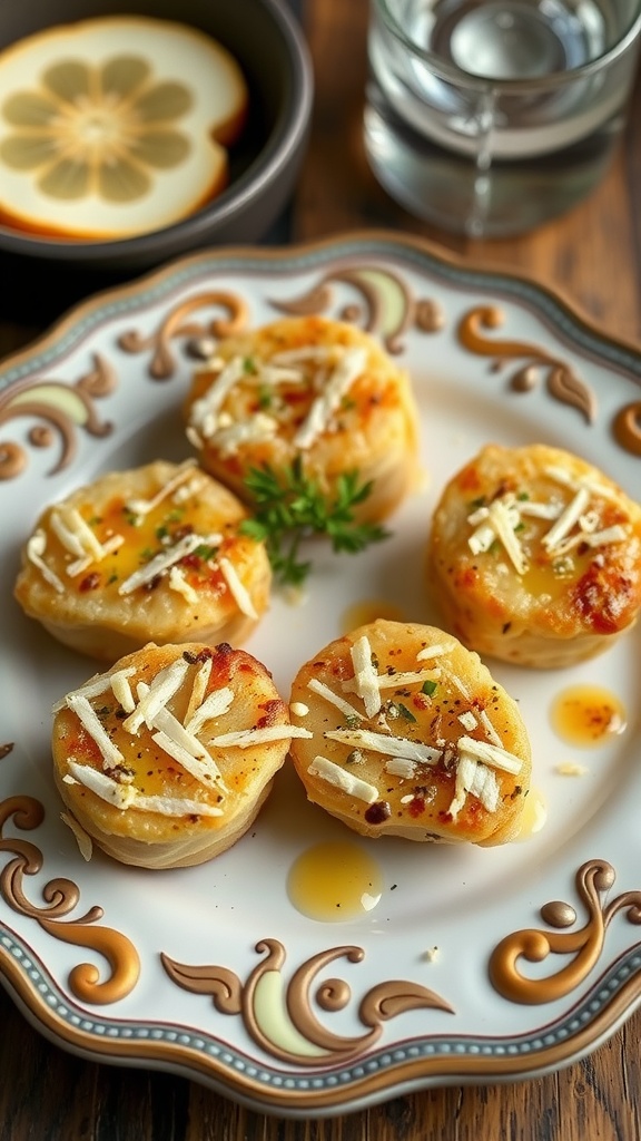 A plate of grilled Garlic Butter Tuna Bites with lemon slices and herbs