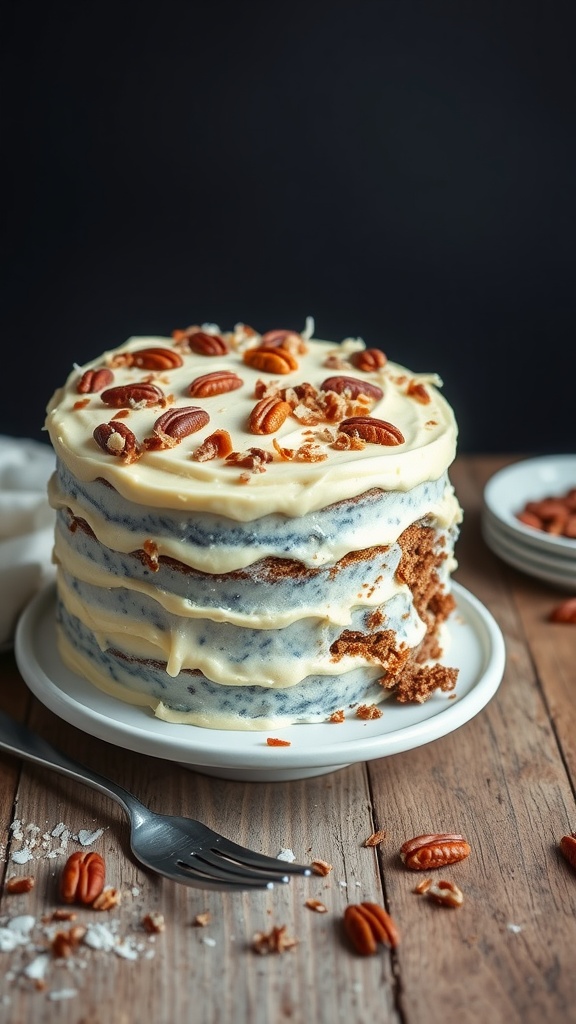 A delicious German Chocolate Cake with coconut and pecan frosting on a wooden table.