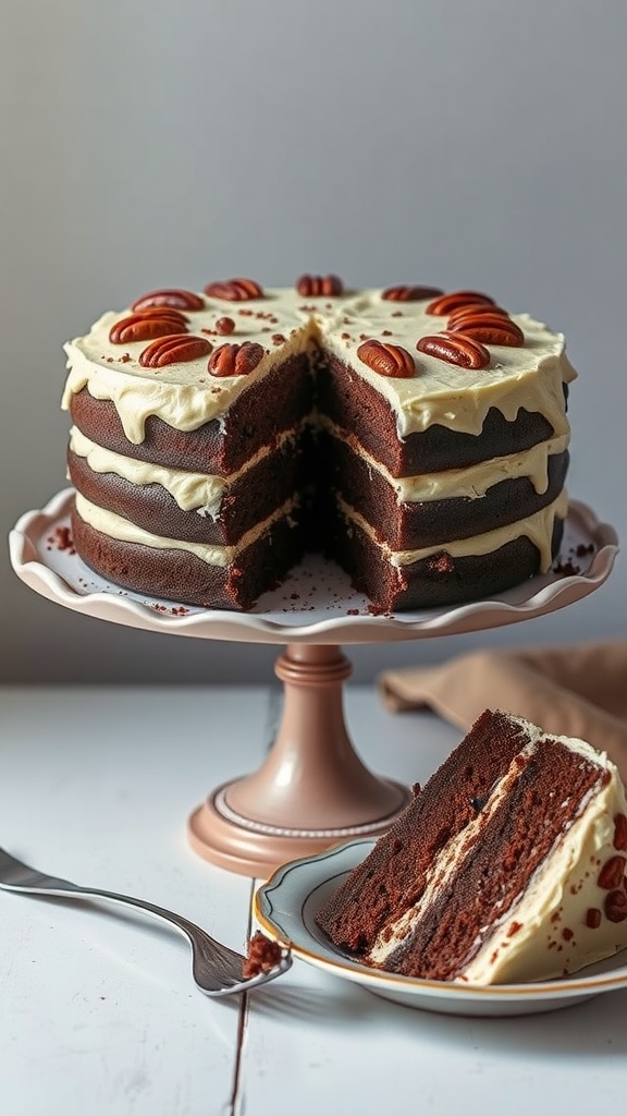 A layered German Chocolate Cake with coconut and pecan frosting, displayed on a cake stand.