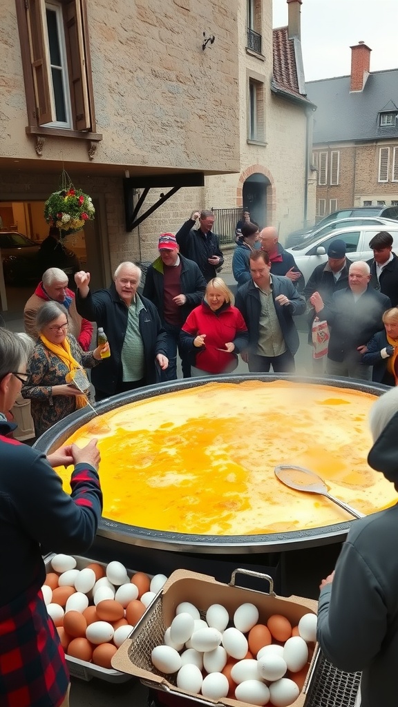People gathering around a large cooking pot for the Giant Omelet Festival in Haux.