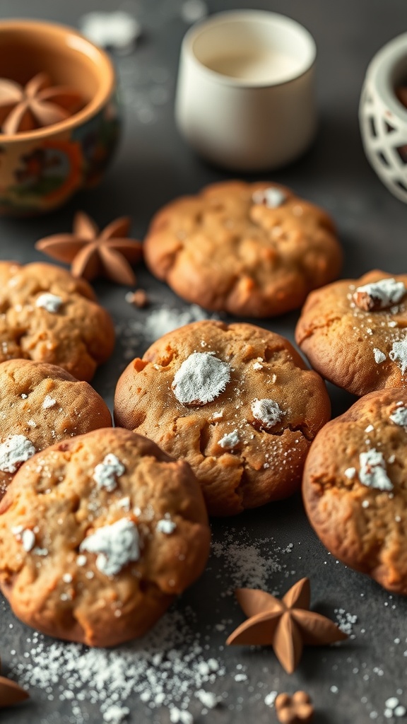 A close-up of ginger snap cookies with powdered sugar on top and star anise decorations