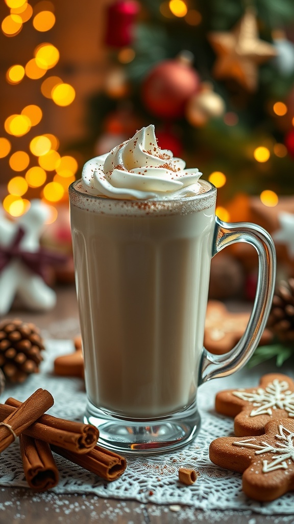 A glass of gingerbread rum eggnog topped with whipped cream and spices, surrounded by festive decorations.