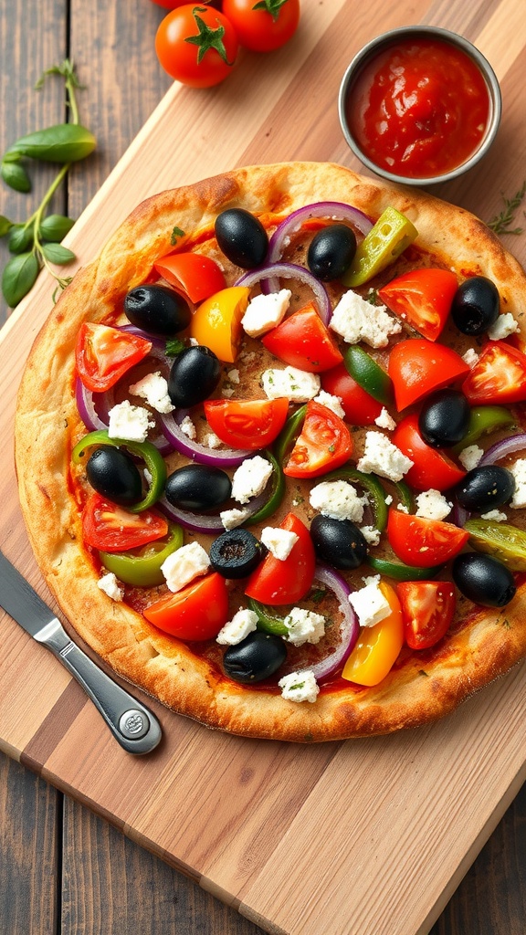 A delicious Greek vegetable pizza topped with tomatoes, bell peppers, black olives, red onions, and feta cheese, served with a side of tomato sauce.
